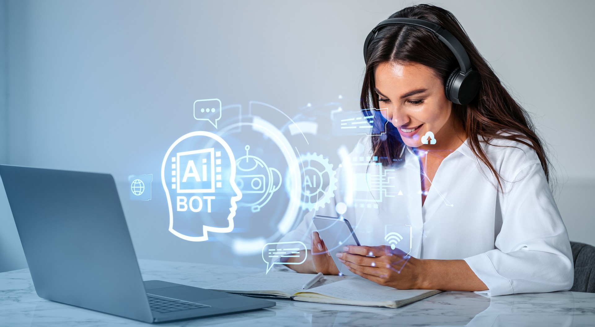 Smiling woman using smartphone and AI bot, machine learning