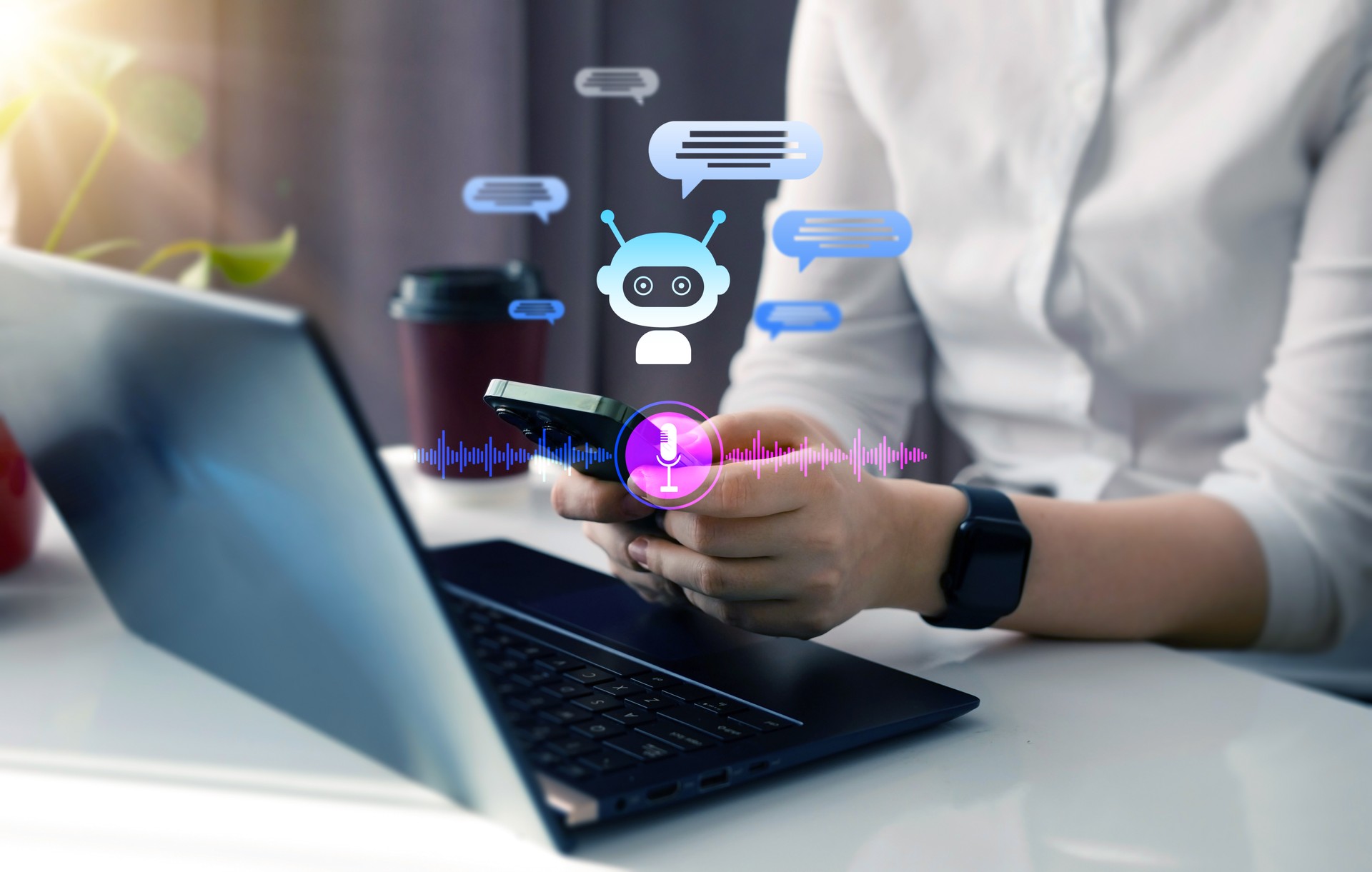 Customer using online service with chat bot to get support. Chatbot conversation concept. Virtual assistant and CRM software automation technology.